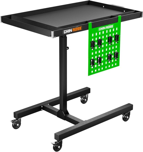 Adjustable Height Mobile Work Table with Rolling Wheels, Rolling Tray Table for Mechanics, Garages, Repair Shops, Warehouse, Workshop, and DIY