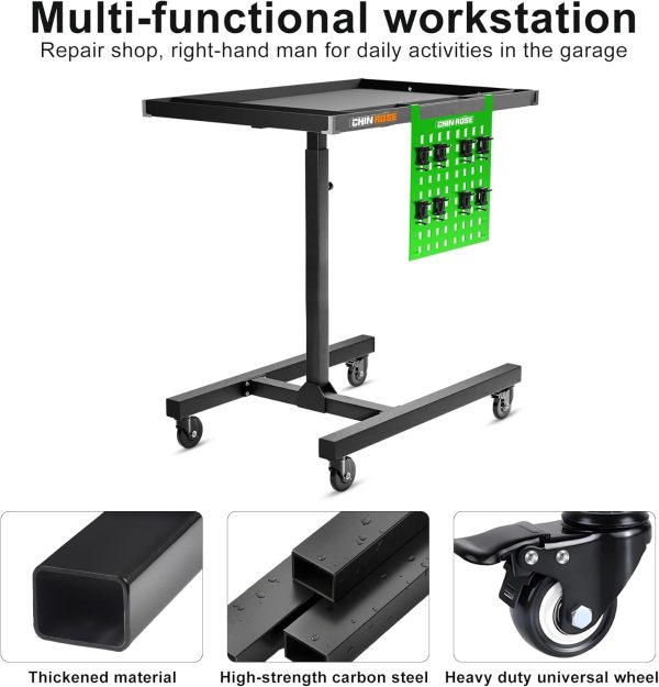 Adjustable Height Mobile Work Table with Rolling Wheels, Rolling Tray Table for Mechanics, Garages, Repair Shops, Warehouse, Workshop, and DIY - Image 2