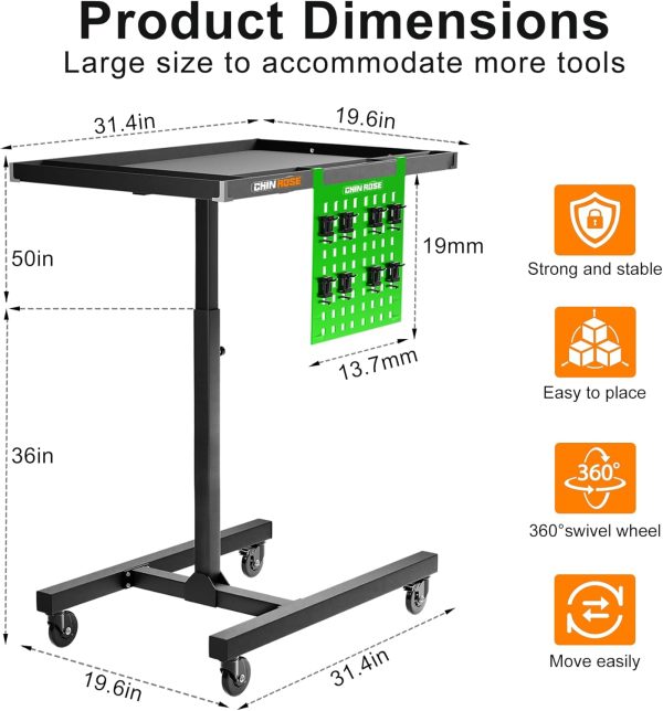 Adjustable Height Mobile Work Table with Rolling Wheels, Rolling Tray Table for Mechanics, Garages, Repair Shops, Warehouse, Workshop, and DIY - Image 3