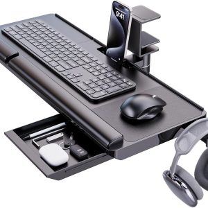 Klearlook Keyboard Tray Under Desk with 360° Rotation, Ergonomic Computer Keyboard & Mouse Tray 24.4"W×10"D Sit Stand Desk Keyboard Holder w/Wrist Rest & Storage Drawer-Black