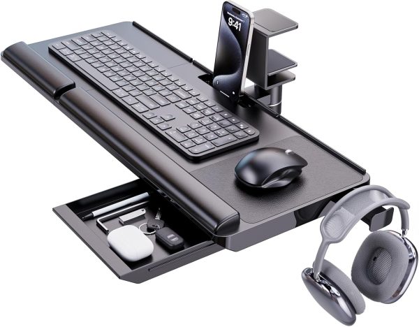 Klearlook Keyboard Tray Under Desk with 360° Rotation, Ergonomic Computer Keyboard & Mouse Tray 24.4"W×10"D Sit Stand Desk Keyboard Holder w/Wrist Rest & Storage Drawer-Black