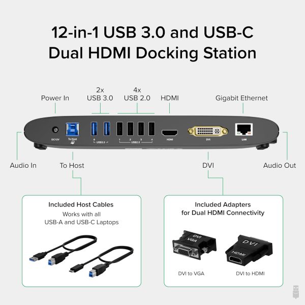 Plugable USB 3.0 Universal Docking Station for Windows, macOS, ChromeOS (Dual HDMI Monitors or DVI/VGA, Gigabit Ethernet, Audio, 6 USB Ports) - Image 2