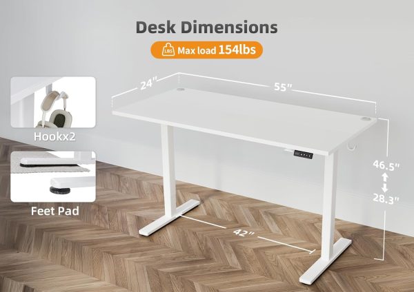 Seang Standing Desk with Adjustable Height, Electric Stand Up Desk 55x24 Inch for Home Office, Studio, Computer Workstation, White - Image 3