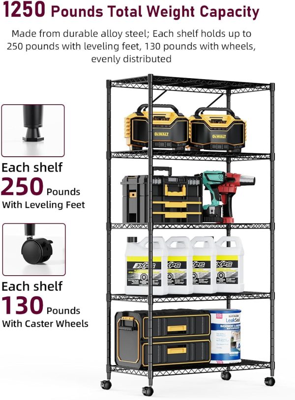 Simple Deluxe 5-Tier Heavy Duty Storage Shelving Unit, 1250 Lbs Loading Capacity, 29.92" W x 13.98" D x 61.02" H, Black - Image 4